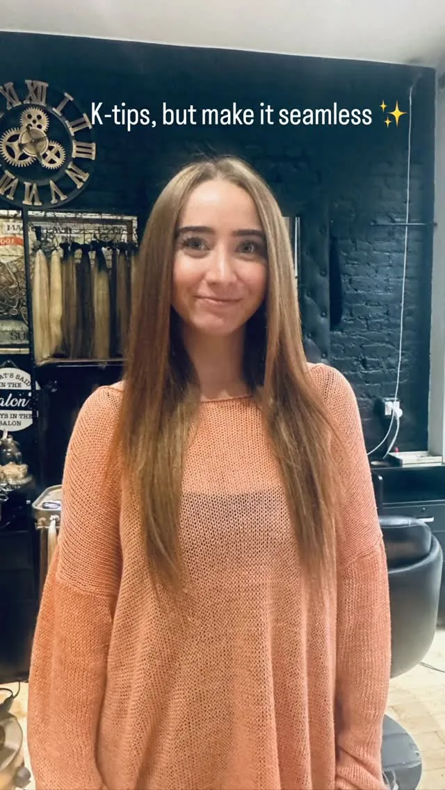 Client with long, naturally blended K-tip hair extensions
